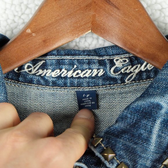 American Eagle Jean Jacket Girls Large Blue Cropped Studded Biker Rustic Denim - Picture 8 of 9